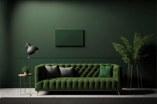 Wall mockup in dark tones with green sofa on green wall background.