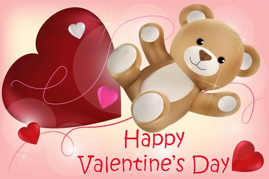 Teddy bear and a big heart on a pink background with the inscription Happy Valentine's Day. Vector image.