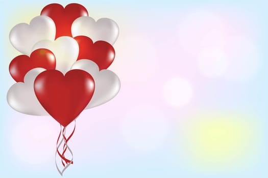 White and red heart-shaped balloons on a light background with copy space. Universal holiday background. Vector image
