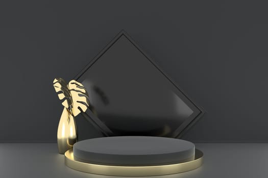 3d render of shop display. Abstract geometric podium background. Minimalist primitive shapes. Modern mockup. Blank template. Empty showcase.