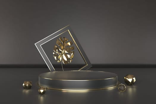 3d render of shop display. Abstract geometric podium background. Minimalist primitive shapes. Modern mockup. Blank template. Empty showcase.