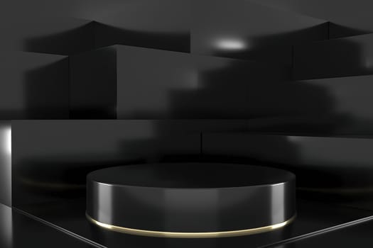 3d render of shop display. Abstract geometric podium background. Minimalist primitive shapes. Modern mockup. Blank template. Empty showcase.