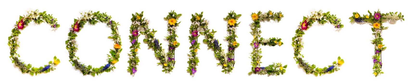 Blooming Flower Letters Building English Word Connect. Summer And Spring Season Blossoms And Flower Lei.