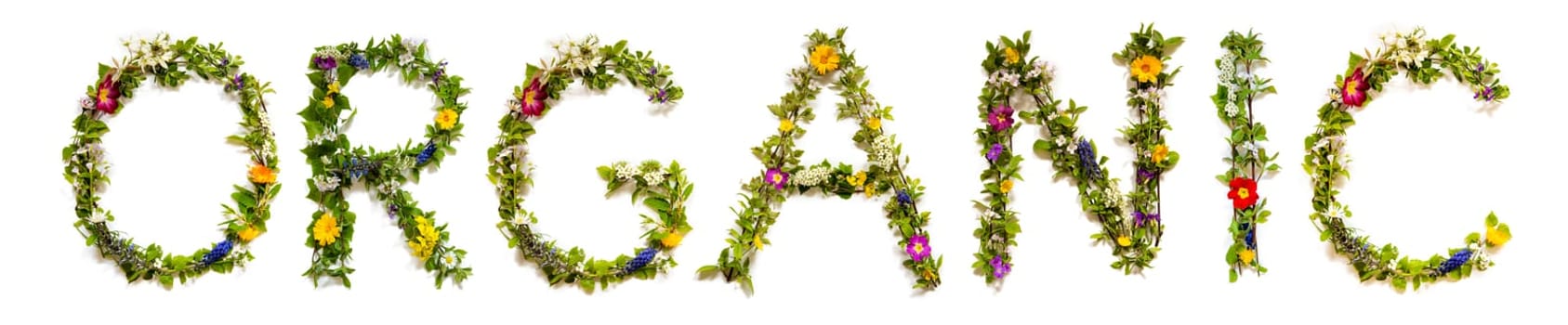 Blooming Flower Letters Building English Word Organic. Summer And Spring Season Blossoms And Flower Lei.