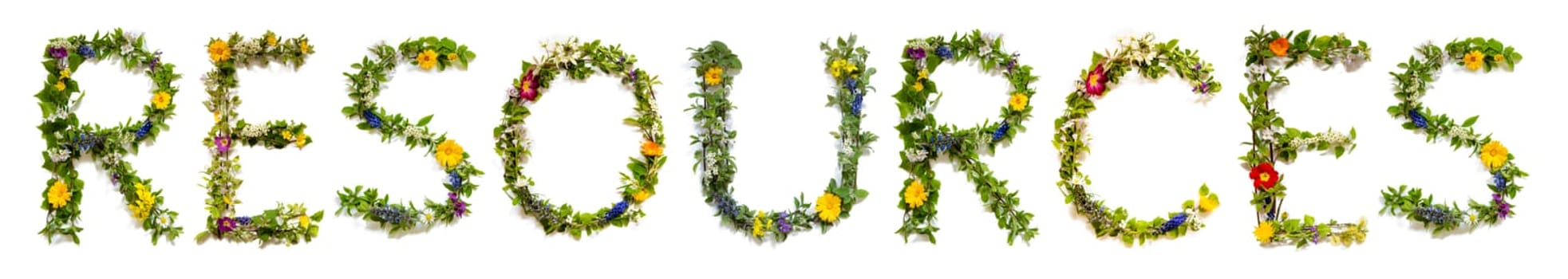 Blooming Flower Letters Building English Word Resources. Summer And Spring Season Blossoms And Flower Lei.