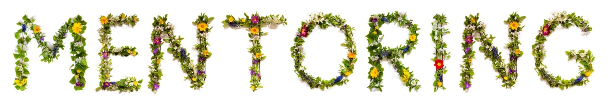 Blooming Flower Letters Building English Word Mentoring. Summer And Spring Season Blossoms And Flower Lei.