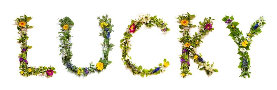 Blooming Flower Letters Building English Word Lucky. Summer And Spring Season Blossoms And Flower Lei.