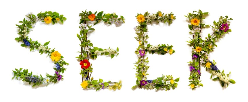 Blooming Flower Letters Building English Word Seek. Summer And Spring Season Blossoms And Flower Lei.
