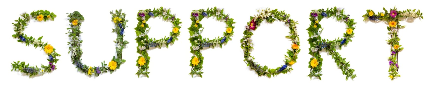 Blooming Flower Letters Building English Word Support. Summer And Spring Season Blossoms And Flower Lei.