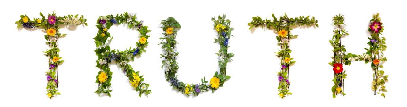 Blooming Flower Letters Building English Word Truth. Summer And Spring Season Blossoms And Flower Lei.