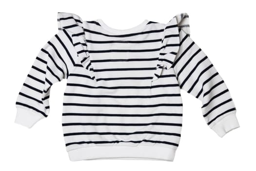Spring and autumn children clothes. Close-up of a stylish beautiful black and white striped little girl sweater or pullover isolated on a white background. Back view.
