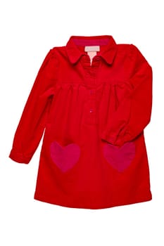 Summer dress isolated. A beautiful red girl's dress with attached heart shaped pockets and long sleeves isolated on white. Clipping path. Kids spring and autumn fashion.