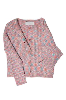 Girls clothes. Multi-colored knitted elegant fluffy cardigan or jumper with v-neck and button closure isolated on a white background. Clipping path. Kids and children's fashion.