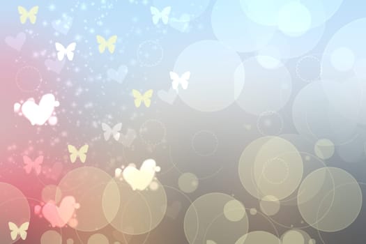Abstract festive blur light pink pastel background with white pink hearts love bokeh and butterflies for wedding card or Valentine day.  Romantic textured backdrop with space for your design. Card concept.
