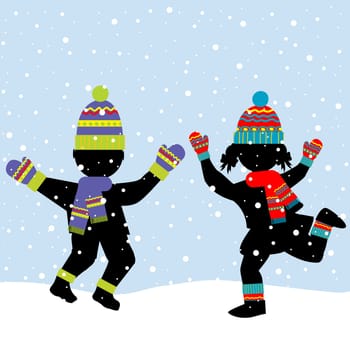 Girl and boy playing in winter cold weather clothing with colored scarfs, caps and mittens
