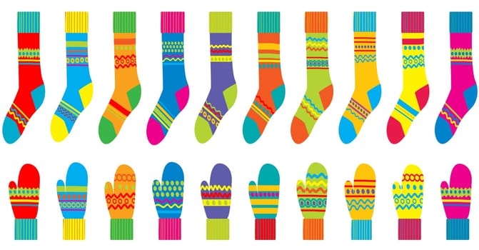 Cute collection of colored socks and mittens