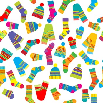 Colorful seamless pattern of winter accessories hats, scarves, mittens and socks on white background