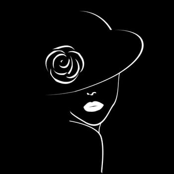 Hand drawn portrait of young stylish girl in hat  with rose on black background