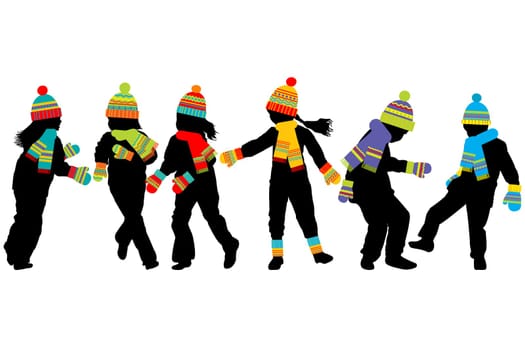 Children silhouettes having fun in winter cold weather clothing with colored scarves, hats and mittens