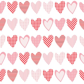 Seamless love background with pink hearts. Valentines day hearts with striped, tablecloth and dots patterns.