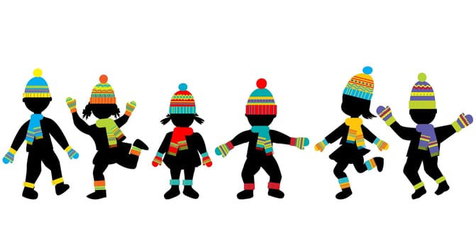 Hand drawing cartoon kids  playing in winter cold weather clothing with colored scarfs, caps and mittens