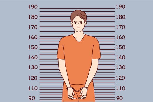 Man in handcuffs and orange clothes stands near lines for measuring height. Guy who broke law and went to jail poses for picture of criminal intended for personal file. Flat vector image