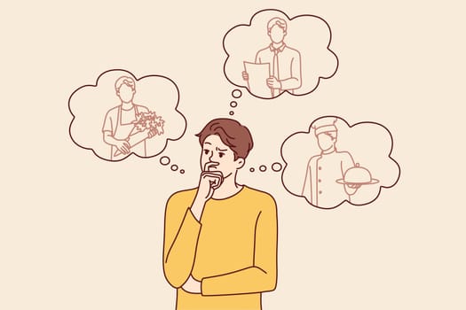 Thoughtful man making choice between different professions after graduating from school, considering what education to get. Guy student age chooses path to develop career skills. Flat vector image