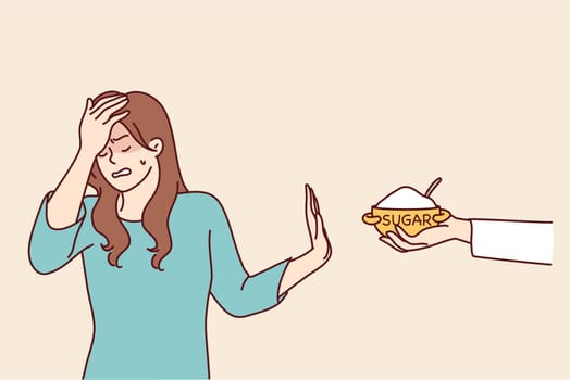 Embarrassed woman makes stop gesture rejecting proposed sugar that can harm health. girl touches forehead with hand trying to avoid eating sweety foods for dieting. Flat vector illustration