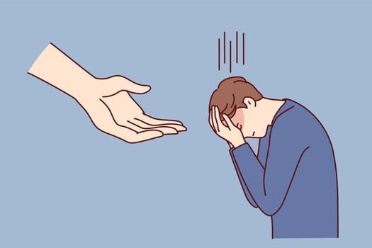 Crying man covers face with hands bowing head while standing near giant palm hanging from sky. Concept help from Lord for religious person who is in trouble and has lost hope. Flat vector image