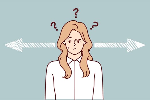 Discouraged woman near arrows pointing in different directions for hard decision concept. Blonde lady in white shirt makes important choice choosing strategy to attract customers. Flat vector image
