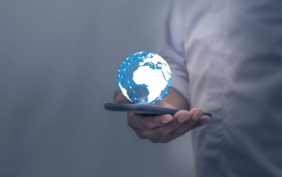 Global internet connection application and technology digital marketing, Financial and banking, Businessman using smart phone mobile on blurred background