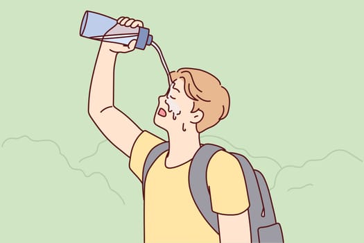 Tired man tourist pouring water on face during long walk in nature in hot weather. Traveler guy with backpack on back exhaustively washes head on go to avoid sunstroke. Flat vector design