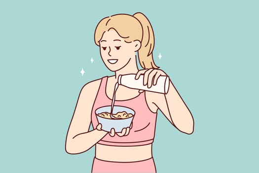 Slender woman preparing healthy breakfast adding milk to plate after morning fitness or sports. Beautiful girl in jogging clothes makes delicious lunch for protein diet. Flat vector design