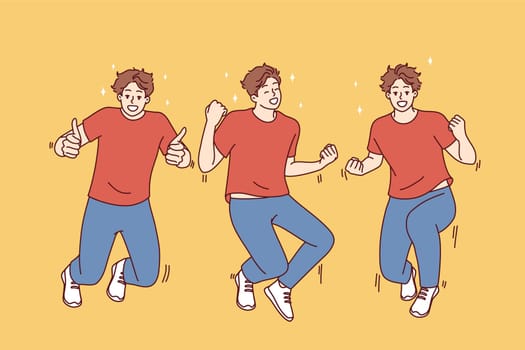 Jumping young man making winning gestures feeling joy and happiness from winning bet. Vector image