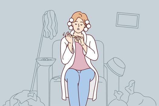 Carefree woman with curlers on hair sits on armchair taking care of nails ignoring garbage in apartment. Lazy girl does not want to clean up is resting in house with mess. Flat vector design