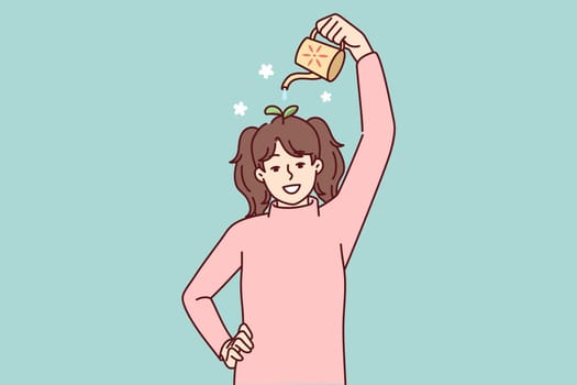 Teenage girl watering plants growing from head symbolizing many ideas or self investment. Casual schoolgirl for concept of self-education and taking care of their own future. Flat vector image