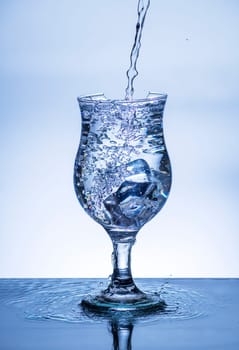The image of pouring drinking water, into a broken glass, that makes one feel refreshed on blurred white background, Splashing water, Sparkling water, Danger or imminent danger concept