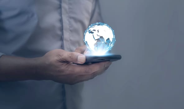 Global internet connection application and technology digital marketing, Financial and banking, Businessman using smart phone mobile on blurred background