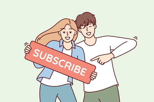 Beautiful couple of man and woman smile show subscribe