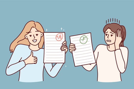 Two teen girls demonstrate sheets paper with positive and negative mark for completing exam task. Happy and upset female students share final test results for college admissions