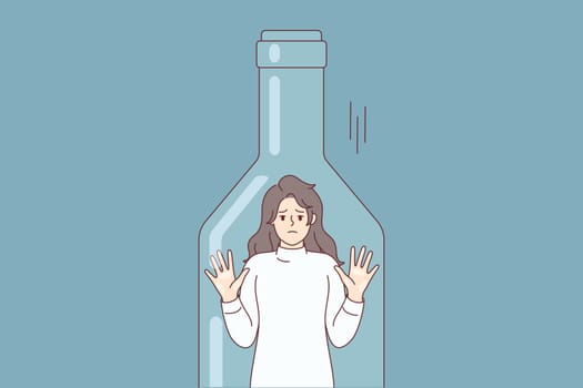 Depressed woman standing inside transparent bottle cant get out due to alcohol abuse. Young girl is trapped in need of treatment and rehab from strong drinks addiction. Flat vector illustration