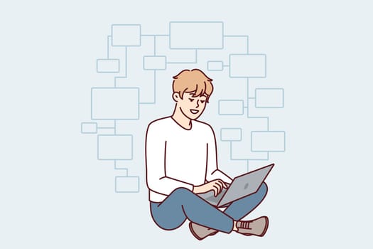 Young man programmer sits cross-legged on floor with laptop on lap and creates web application. Guy IT developer thinks over flowchart modern website or blockchain project