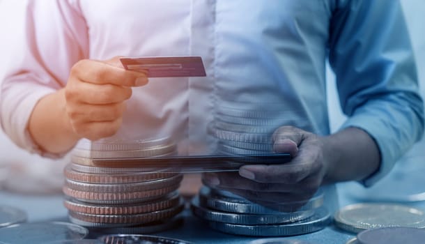 Online shopping and online banking and internet banking concept, Business man with phone, smart phone, mobile phone, laptop and credit card on white background, Investor and investing concept