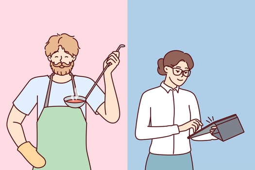 Brutal man preparing food for family while woman doing business or working in office. Girl secretary with tablet computer and bearded guy in apron with ladle of soup in hand