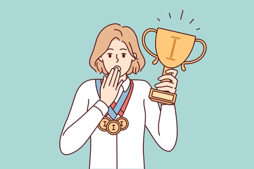 Puzzled woman with cup and medals of winner of sports olympiad covers mouth with hand. Discouraged girl surprised by annulment of competition results due to doping scandal. Flat vector illustration