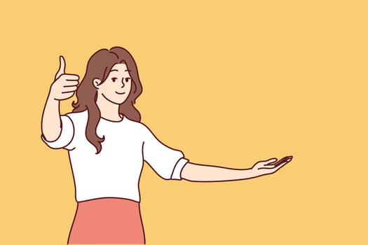 Optimistic woman in casual wear showing thumbs up approving good choice or recommending something. Girl stretches hand to side raising empty palm to demonstrate your product. Flat vector design