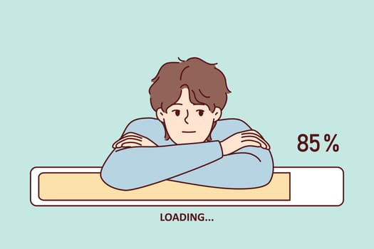 Bored man leaning on progress line loading waiting to download movie from internet. Guy put head in hands and patiently waits for completion of installation of game or software. Flat vector design