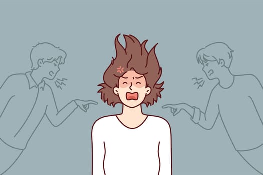 Depressed girl having panic attack and screaming after insulting two guys. Woman experiencing psychological problems after being criticized or insulted based on gender. Flat vector illustration
