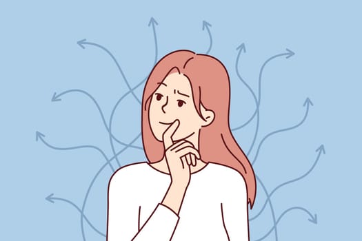 Smart woman touches lips standing near arrows pointing in different directions. Long-haired girl is thinking over ways to achieve goals in personal life or career. Flat vector illustration