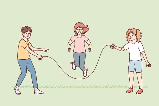 Teenage children stand on lawn jumping rope relaxing during summer vacation or day off. Metaphors of happy childhood with healthy outdoor games and physical activities. Flat vector design